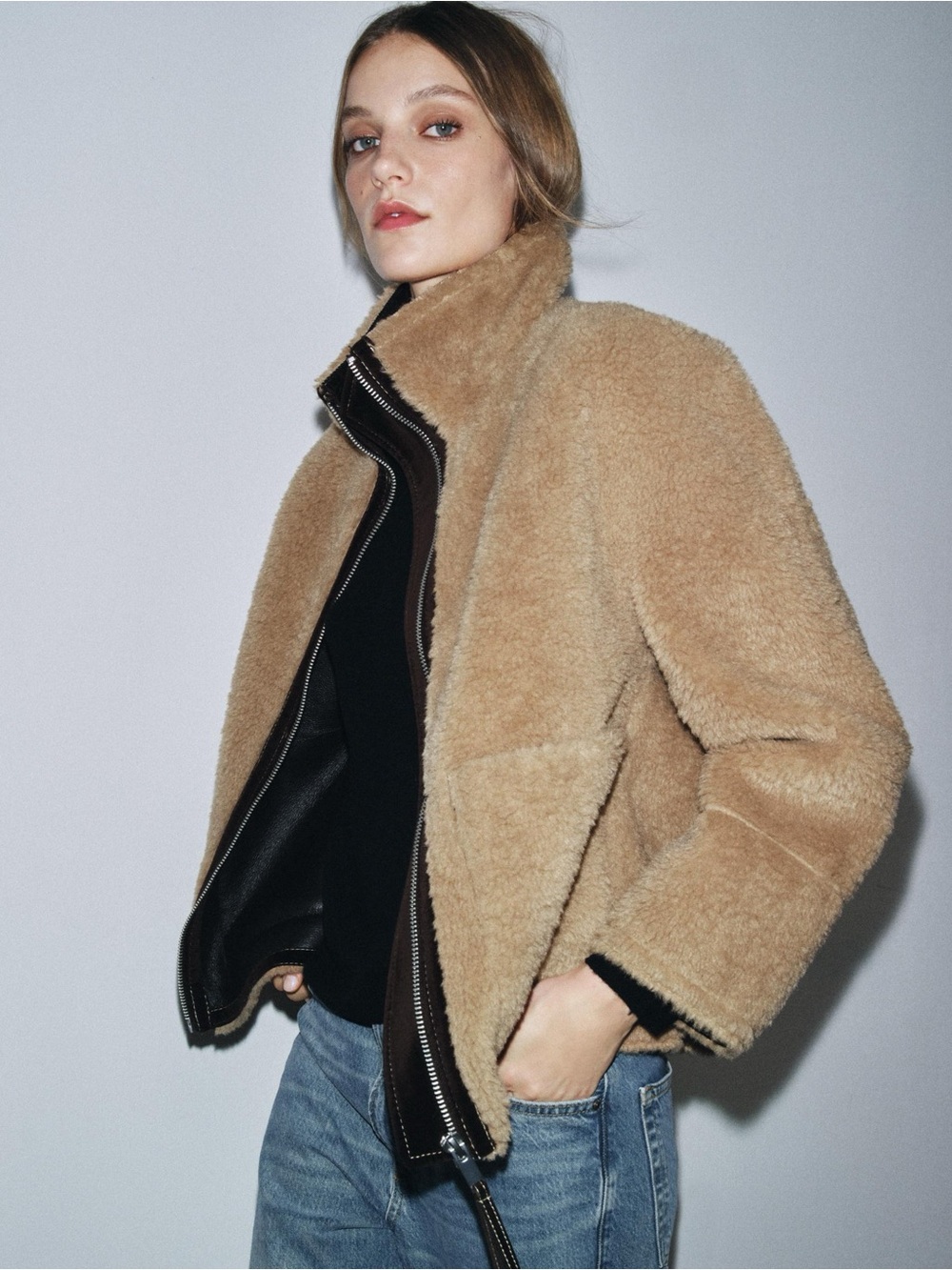 NWOT. Zara ZW Collection Tan/Brown Reversible Faux Shearling Jacket. Size S.